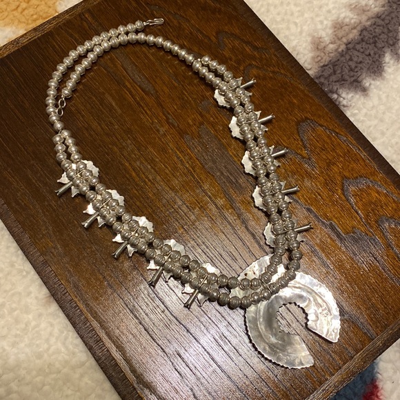 Navajo Petite Point Turquoise Squash Blossom Necklace - Picture 4 of 7